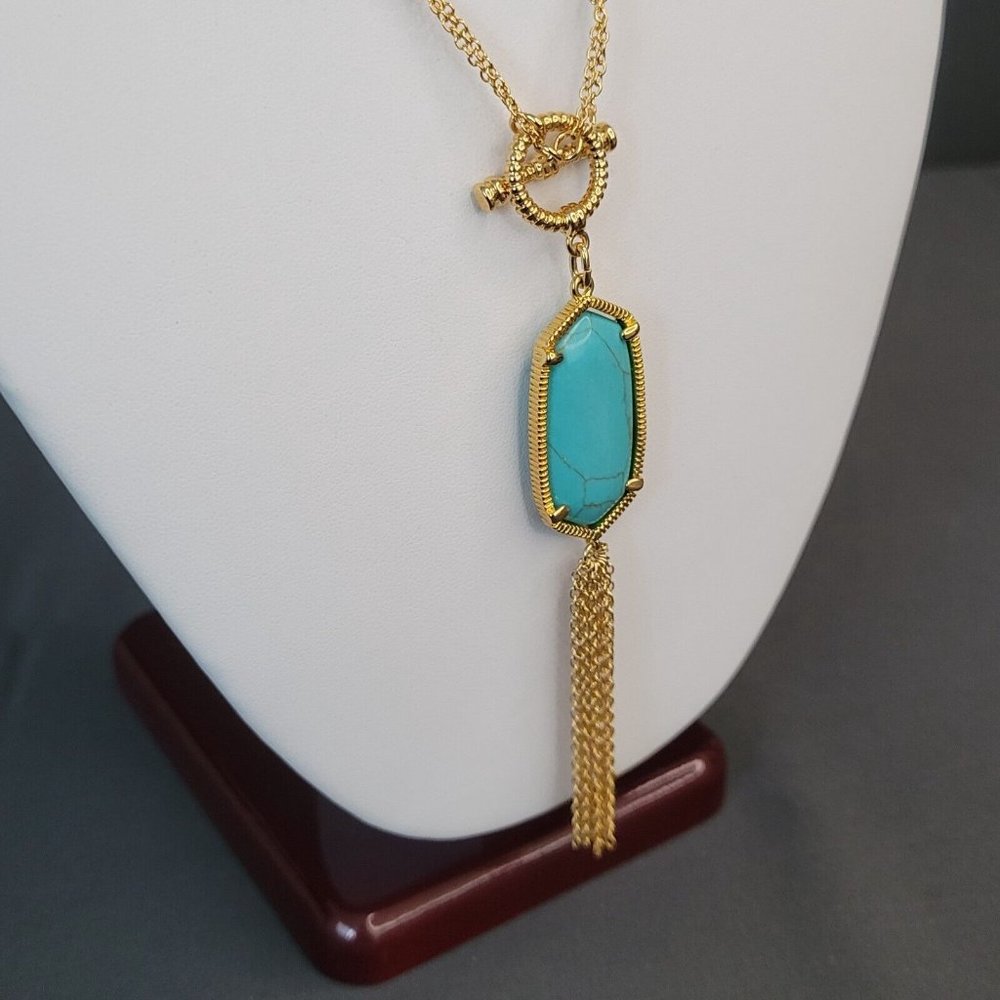 Womens Gold Tone Tasseled Lariat Pendant Necklace Double Strand Blue Stone 16 in - Picture 3 of 8